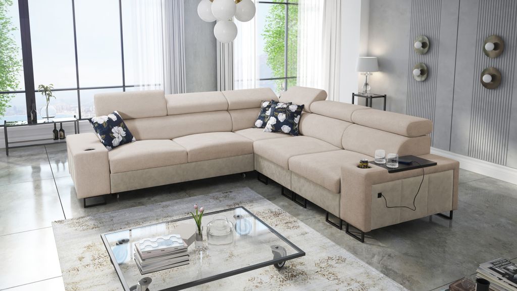 Kaiser Möbel L-förmiges Ecksofa mit Schlaffunktion MELODY III,Tauro/Freya Beige/Dunkelbeige Rechts