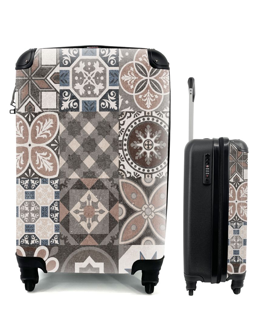 MuchoWow Koffer Handgepäck Trolley Rollkoffer Kleine Reisekoffer mit 4 Rollen - Blumen - Figuren - Braun - Design - Cabin Size < 55x40x23 cm & 5...