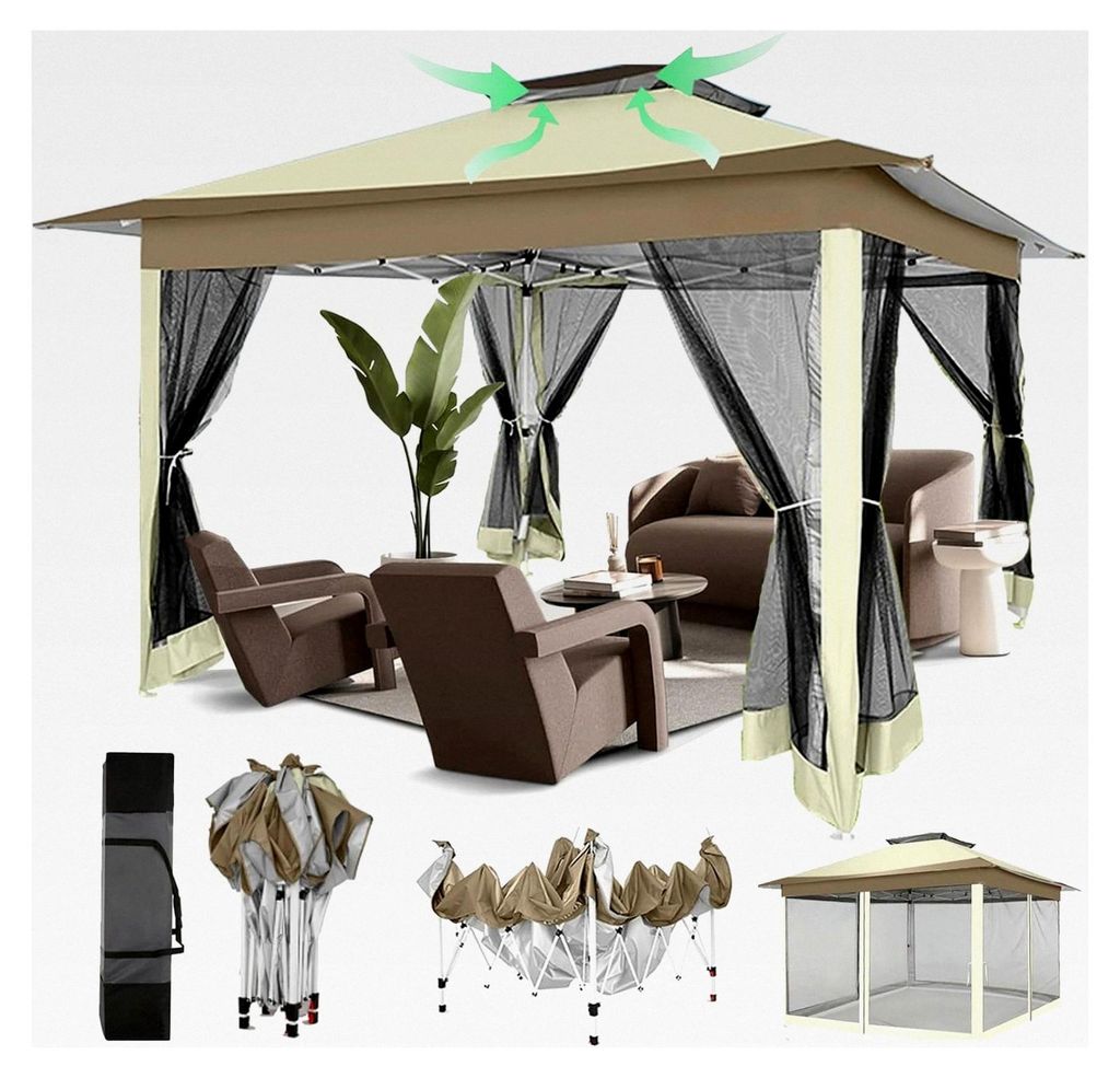 Pavillon 3x3 Wasserdicht Stabil Winterfest, 3,65x3,65m Gartenpavillon mit Moskitonetz, Doppeldach Faltpavillon mit Sandsack für Hinterhof, Rasen (...