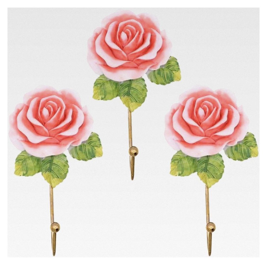 3er Set Rosen Wandhaken aus Kunststoff in dekorativer Blumenform für Mäntel, Handtücher und Schlüssel im Vintage Stil