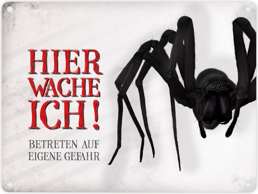 Metallschild mit Spinne Motiv und Spruch: Betreten auf eigene Gefahr ...