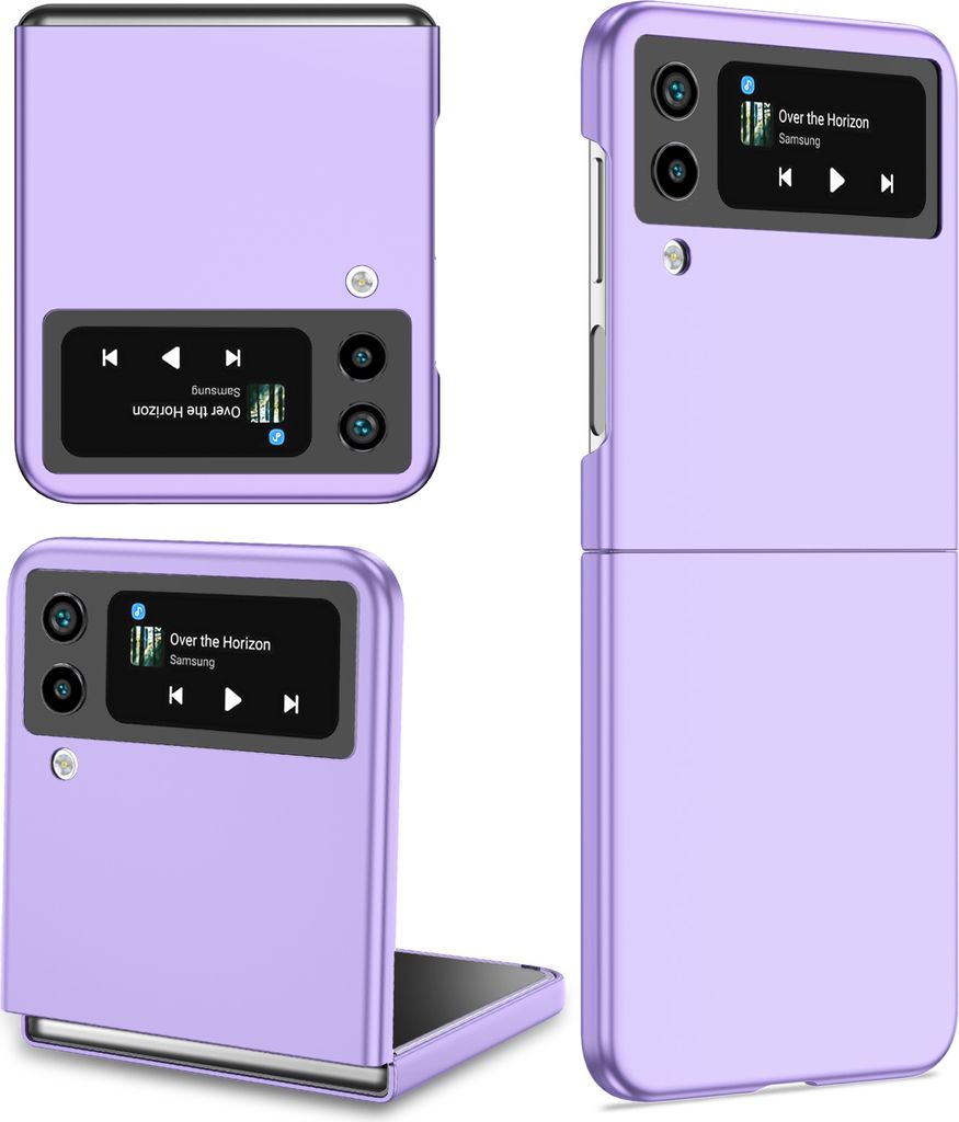 A collage of a purple Samsung Z Flip4 5G phone case from different angles, showing its design and how it fits the phone.
