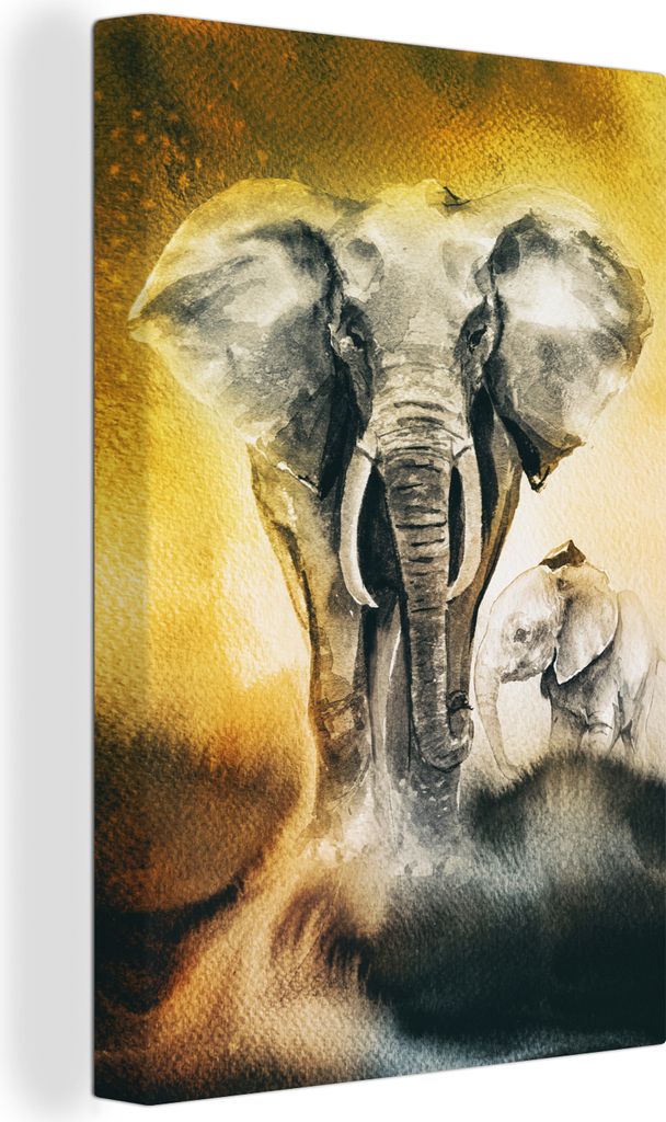 OneMillionCanvasses - Leinwandbilder - 90x140 cm, Elefant - Aquarellfarbe - Gelb, Wandbilder Kunstdruck Wanddekoration - Wandschmucke - Schlafzimmer