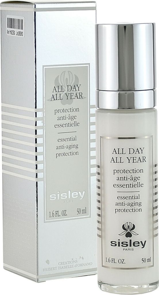 A product shot of a bottle of Sisley ALL DAY ALL YEAR anti-aging protection cream next to its packaging.
