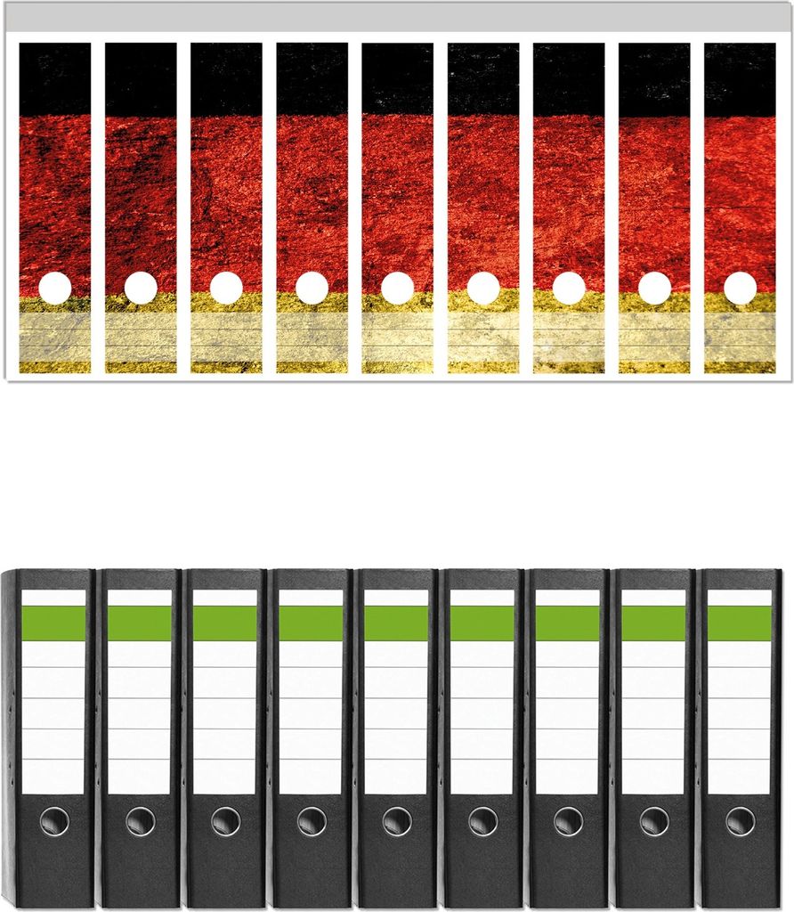 Wallario 9 Stück breite Ordner inkl. Klebeetiketten mit Motive Verwitterte Deutschland-Fahne in schwarz rot gold - Set mit Rückenschildern / Ord...