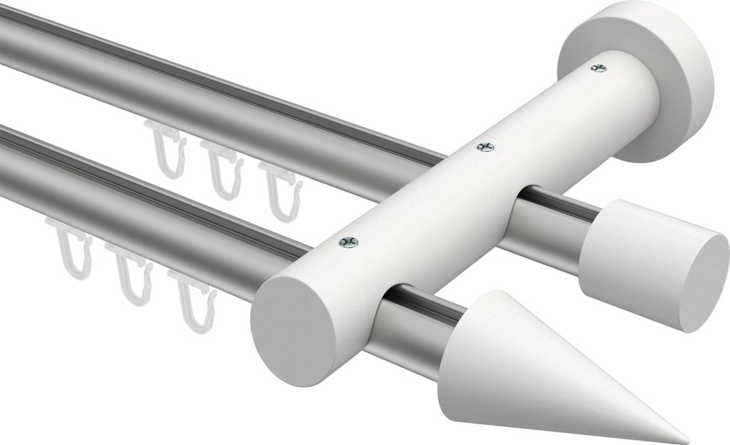 Interdeco Innenlaufstange / Gardinenstange mit Innenlauf Silbergrau / Weiß, Typ Talent Siveo (Kegel), 20 mm Ø 2-läufig, 540 cm