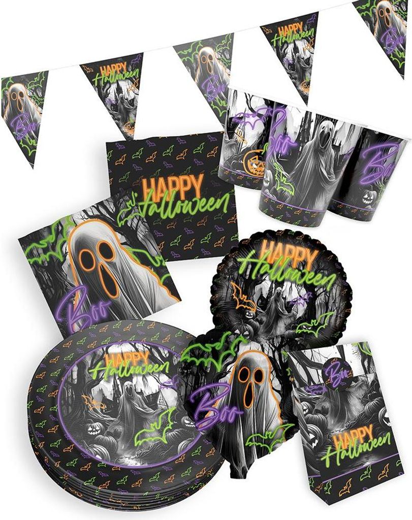 Halloween Partyset 6-teilig – Teller, Becher, Servietten, Wimpel, Tüten, Ballons