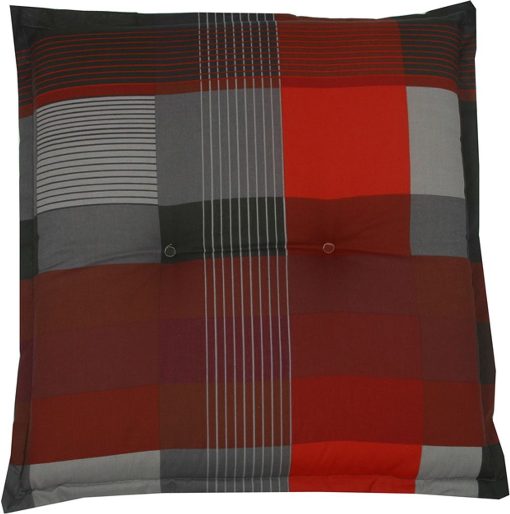 A close-up view of a square cushion with a plaid pattern.