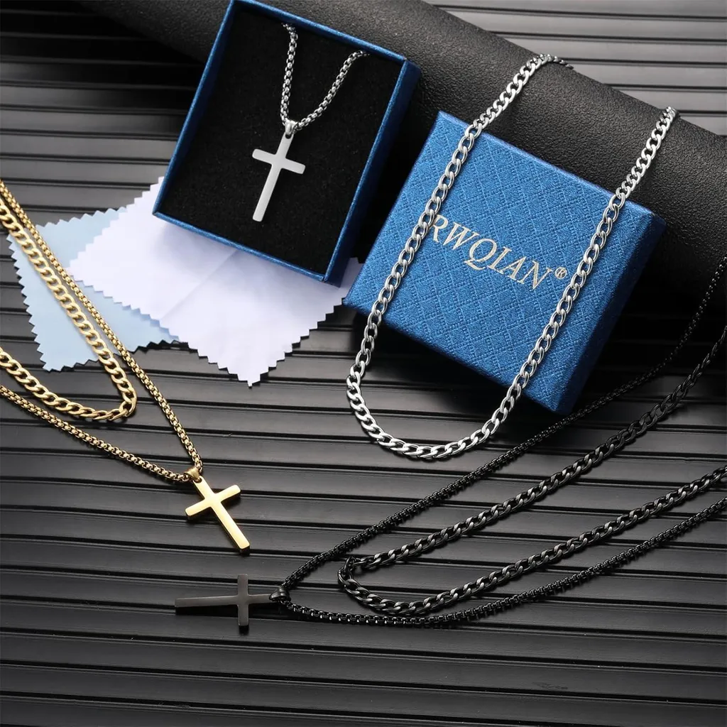 Collana Croce Acciaio Inox Uomo Minimal | Ciondolo Argento Oro Nero 18/20 - 7