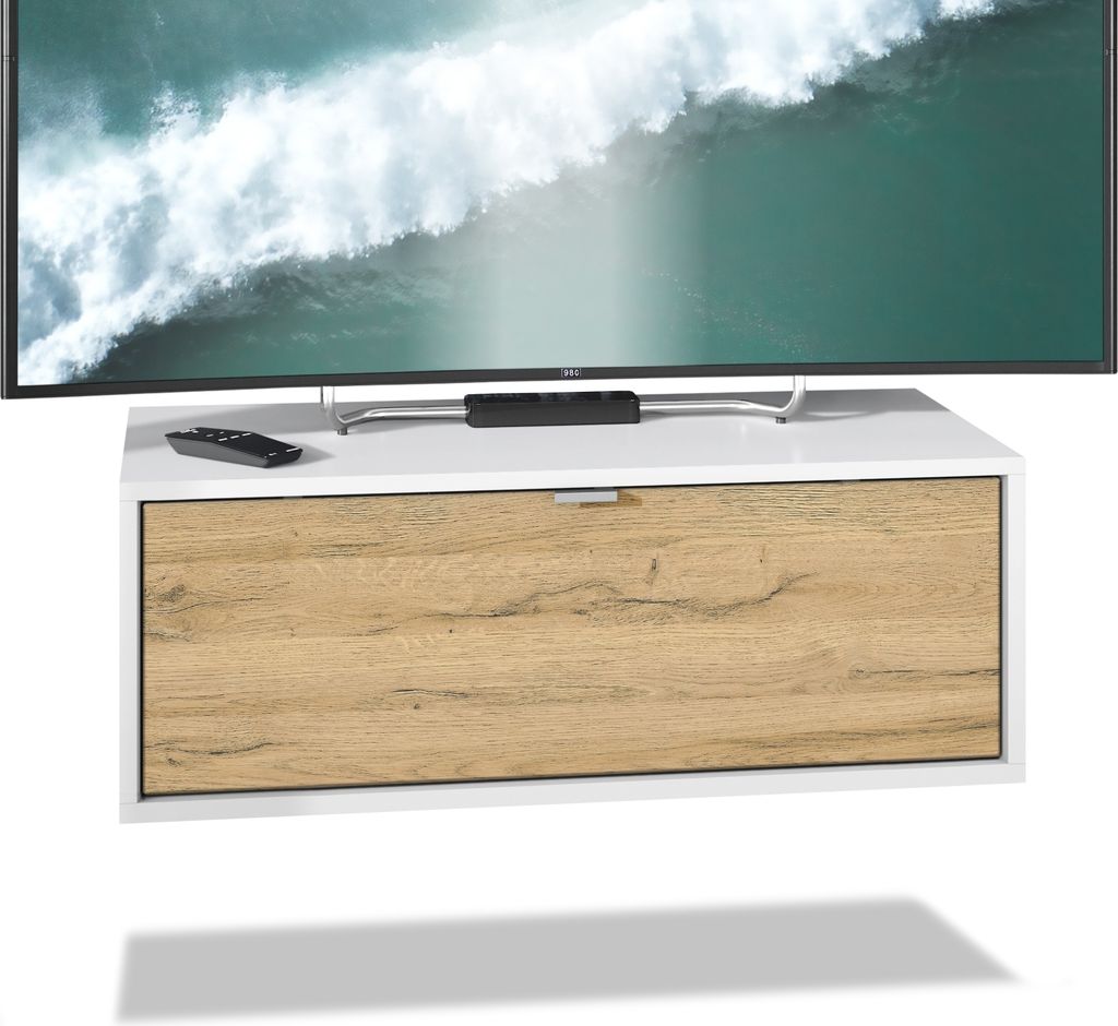Vladon TV Board Lana 80 Hängeschrank Lowboard 80 x 29 x 37 cm, Germany, Korpus in Weiß matt, Fronten in Eiche Natur | Große Farbauswahl