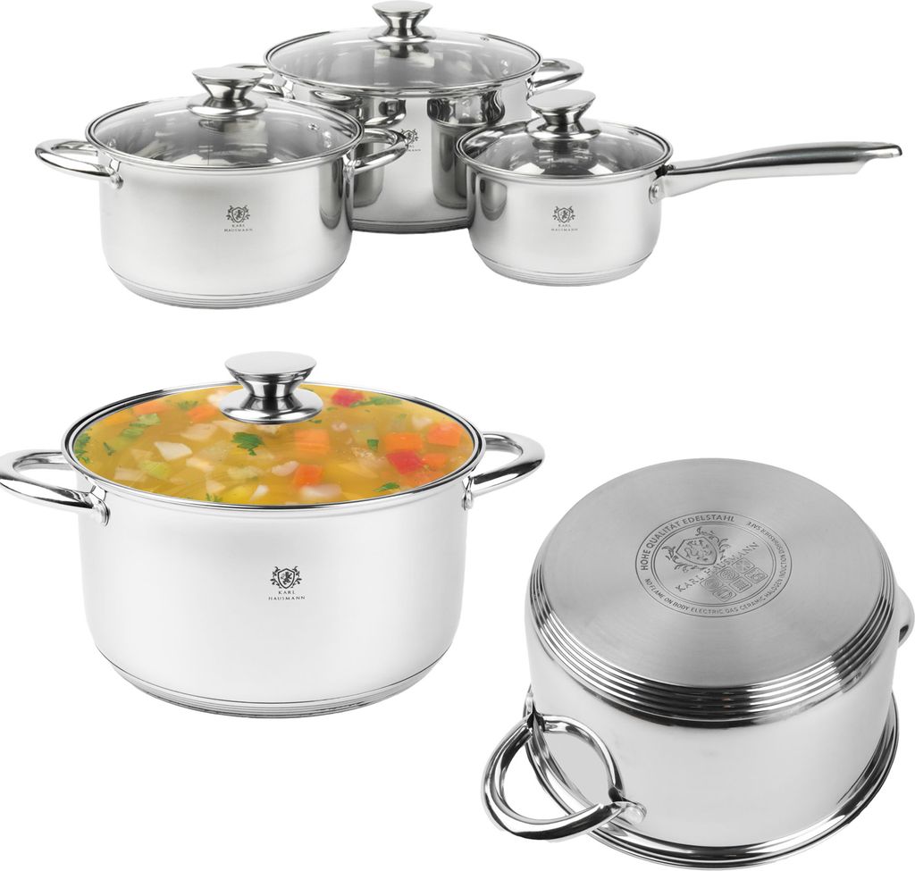 A collection of stainless steel pots and pans with glass lids, displayed against a white background.