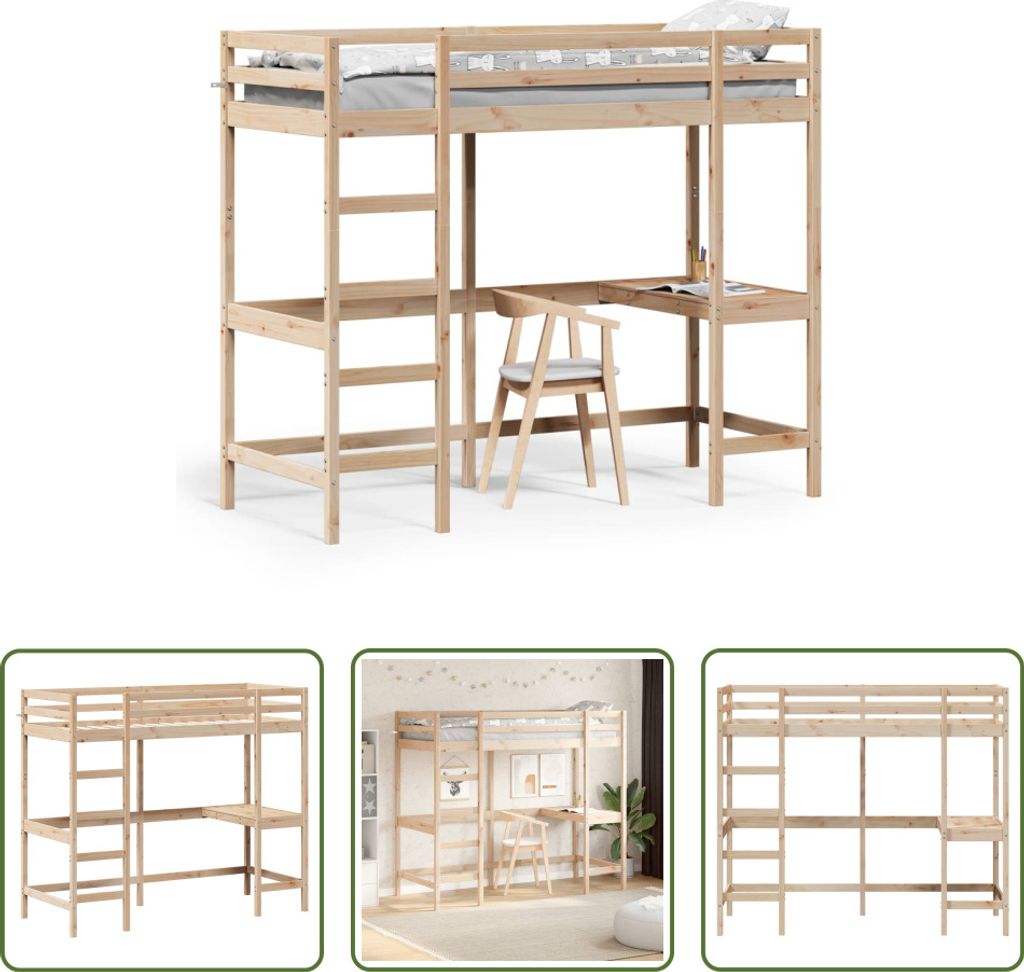 The Living Store Hochbett mit Schreibtisch 75x190 cm Massivholz Kiefer