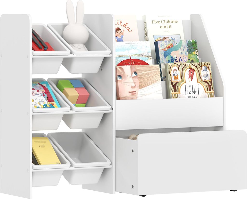 A white children's storage unit with shelves and bins, filled with books and toys.