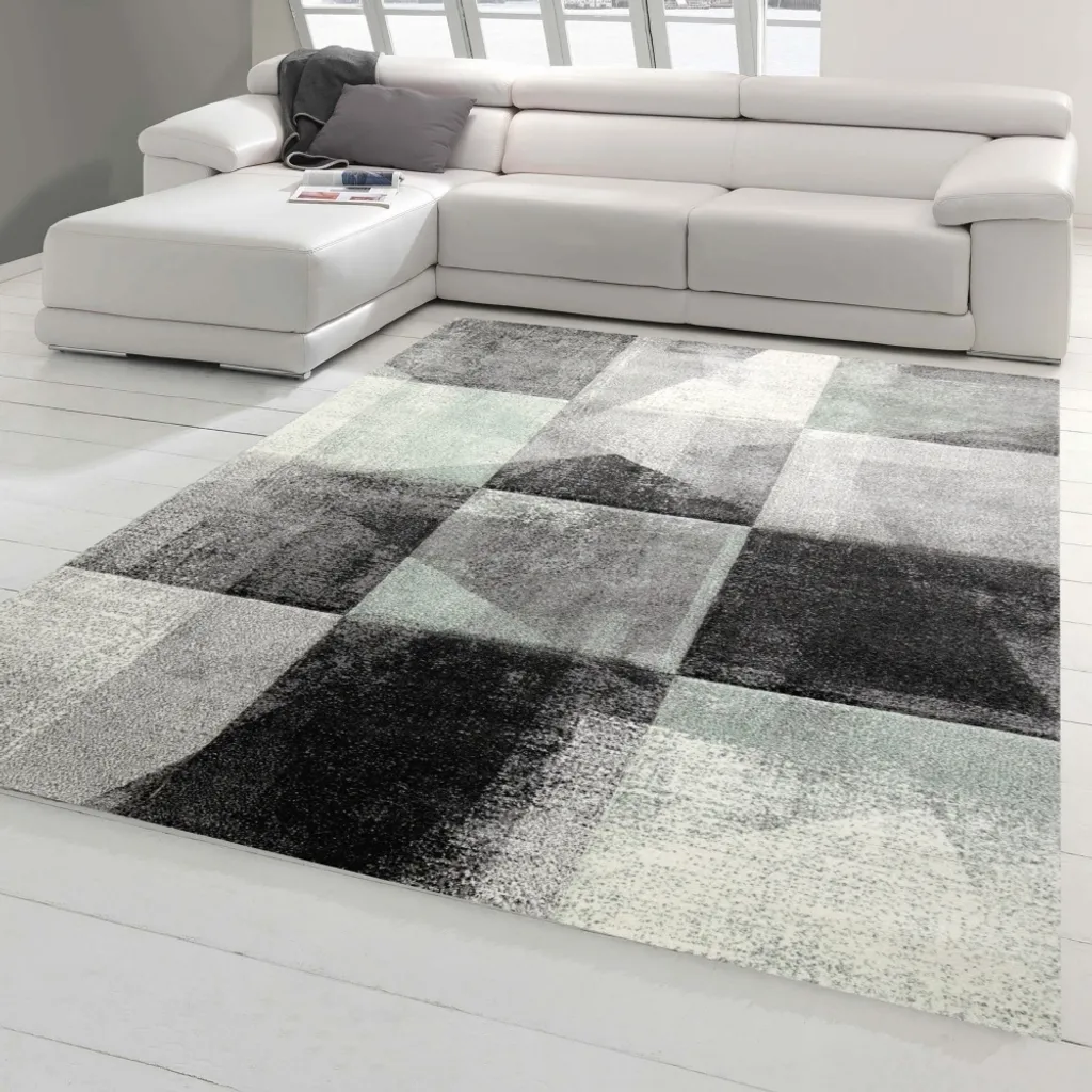 Tapis de salon à carreaux abstraits gris vert anthracite 160x230 cm