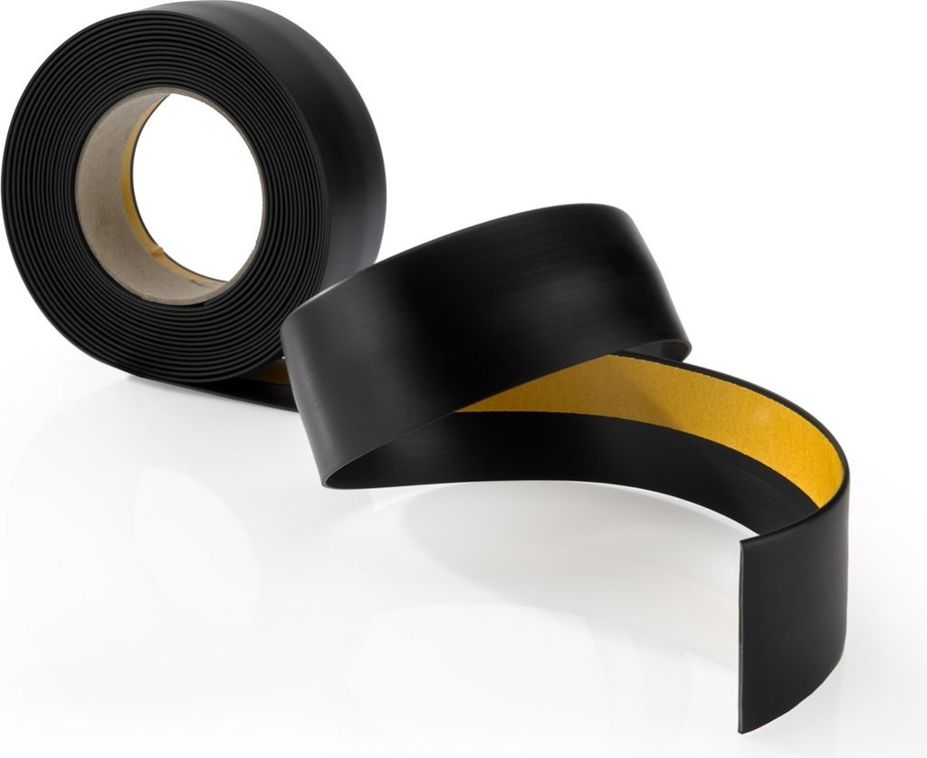 A roll of black tape with a yellow adhesive strip is shown against a white background. Part of the tape is unrolled and curved.