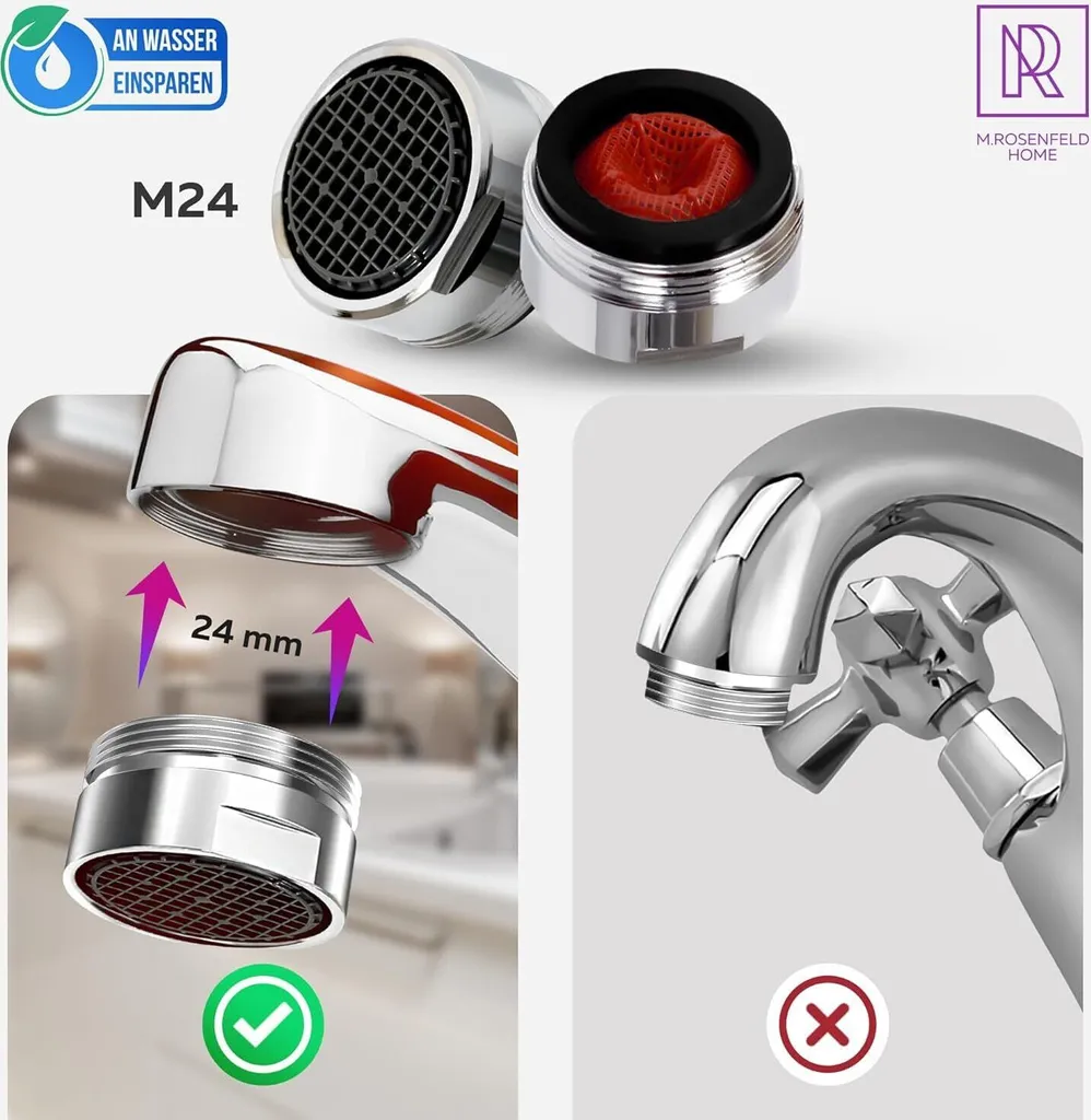 Aeratore a risparmio idrico M24 portata d'acqua 5 l/min - Filtro per rubinetto anticalcare ad alta tecnologia con filtro sferico - Aeratore in ottone cromato - Attacco per aeratore per rubinetti - 3