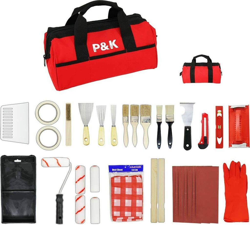 A collection of painting and renovation tools laid out on a white background, including a red tool bag, brushes, spatulas, rollers, tape, sandpaper, and gloves.