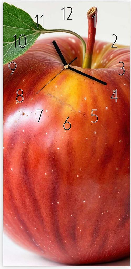 Wanduhr aus Glas mit Motiv Roter Apfel Mit Blatt- 30 x 60 cm - inkl. Aufhängesystem