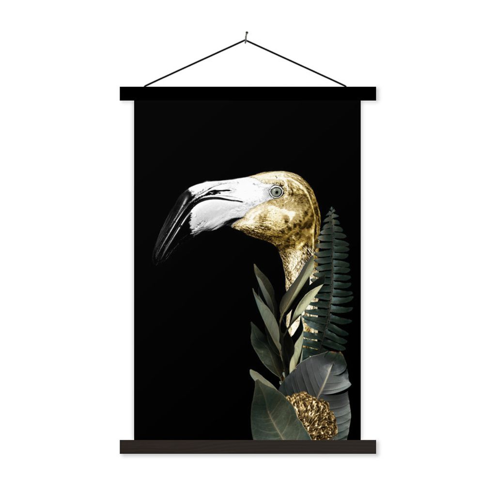 MuchoWow Textilposter Flamingo - Gold - Schwarz 40x60 cm mit schwarzem Rahmen - Wanddekorationen