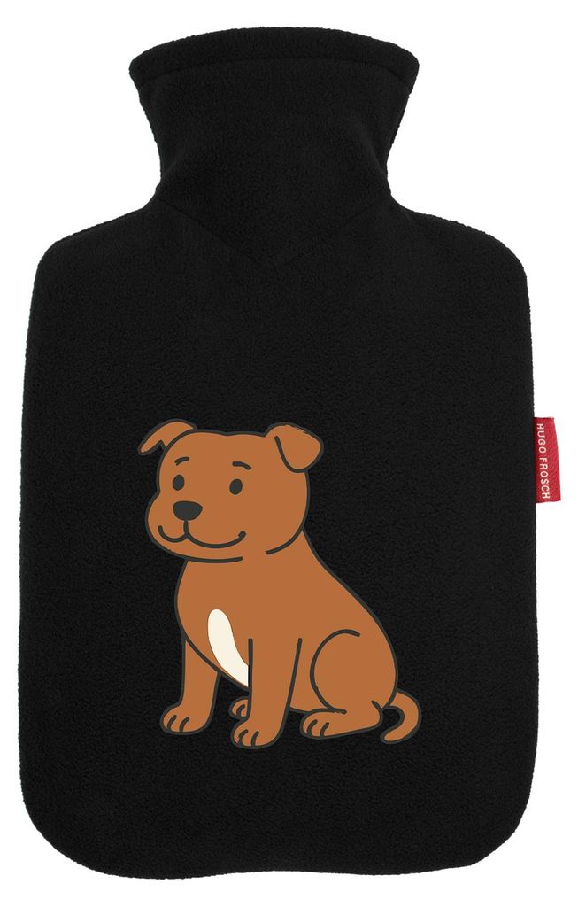 Huuraa Wärmflasche Staffordshire Bullterrier Comic Staffi 1,8 Liter Black Classic Veloursbezug Bettflasche Geschenkidee