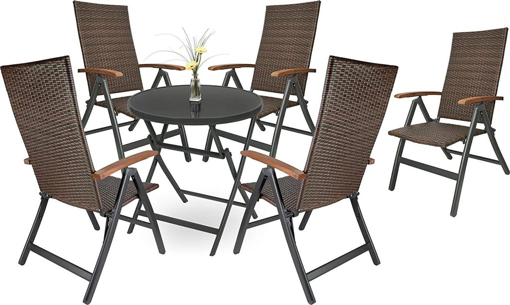 Brubaker Garten Sitzgruppe Modena - 1 Glastisch Klapptisch rund 70 cm Ø mit 5 Polyrattan Stühlen - Wetterfest - Braun/Anthrazit