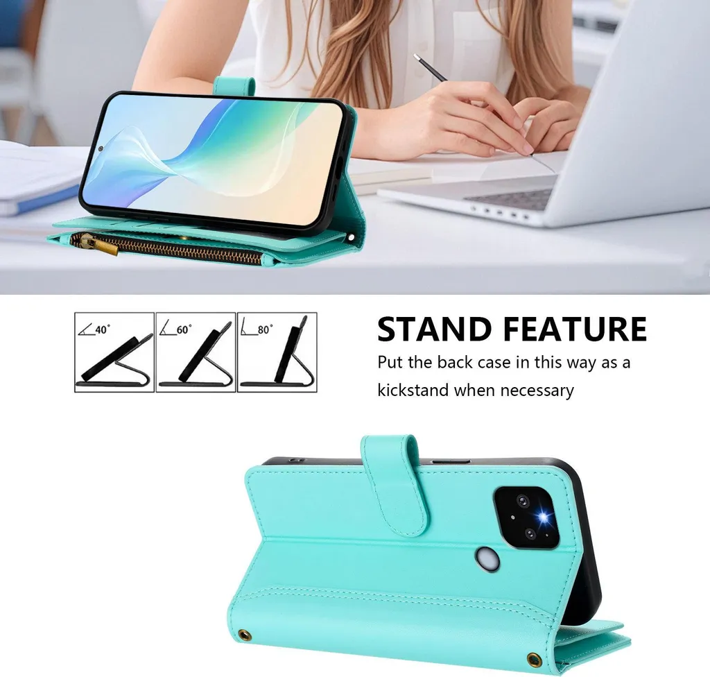 Cover Portafoglio In Pelle Per Google Pixel 4a 4G: Custodia Con Slot Carte E Supporto Magnetico, Verde - 2