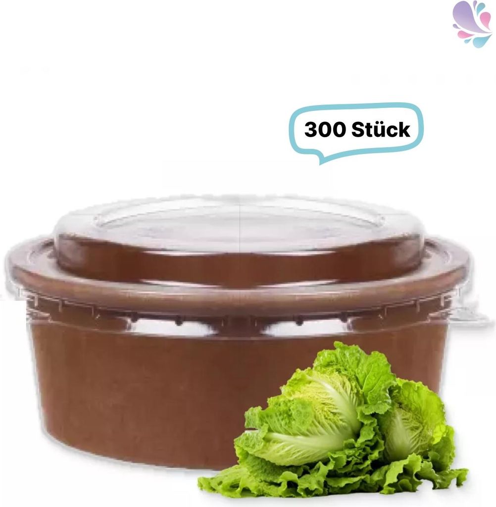 SET: Salatboxen Salatschalen braun 500ml + RPET Deckel, 300 Stück, to go, take away, biologisch abbaubar, Kraftpapier+ PLA