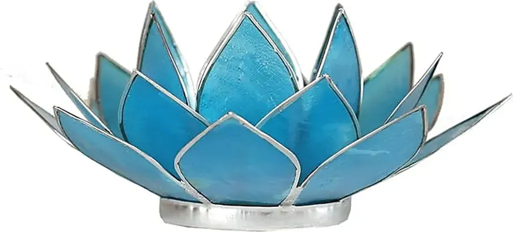 Photophore Lotus Chakra 5 Bleu et Argent pour Décoration Zen 13,5 cm