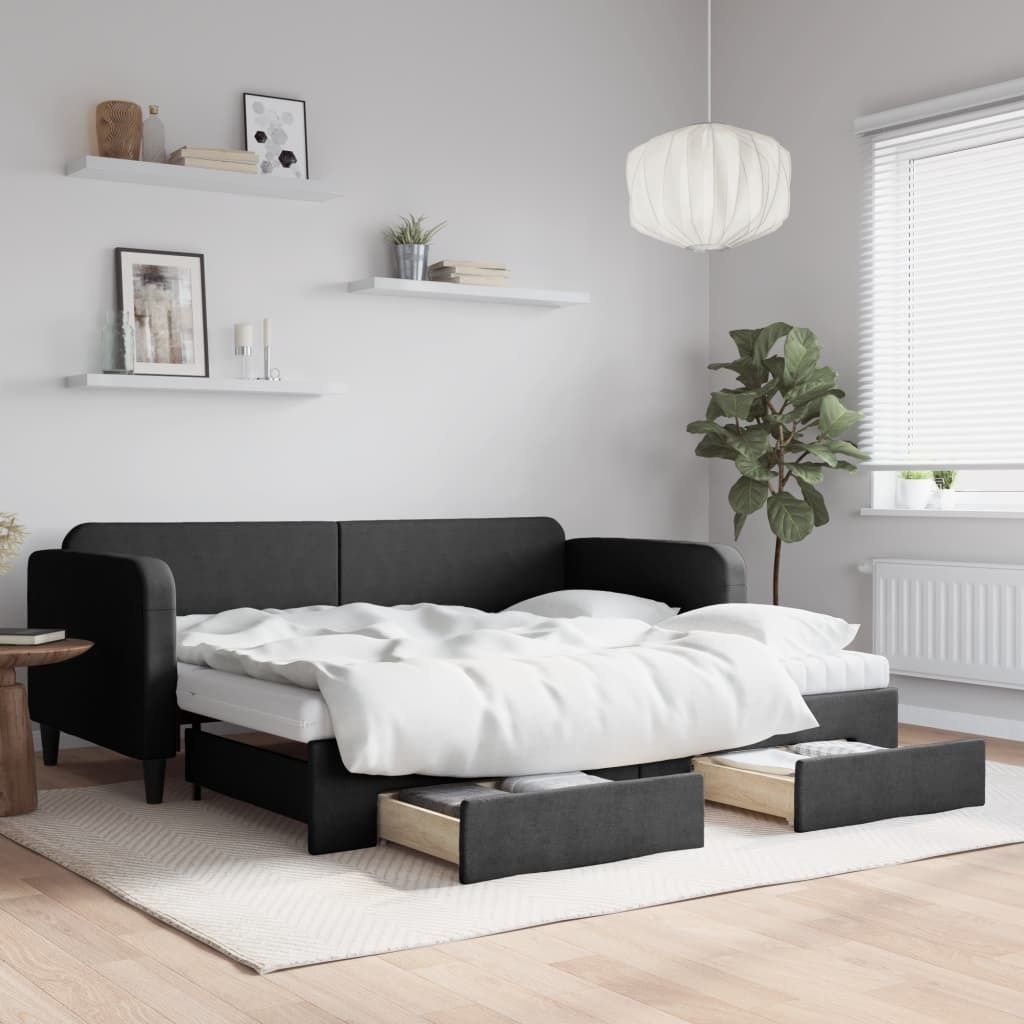 Eleganten-Stil Bettsofa Jugendbett,Tagesbett Ausziehbar mit Schubladen Schwarz 90x190 cm Stoff - Klassische Betten DE258628