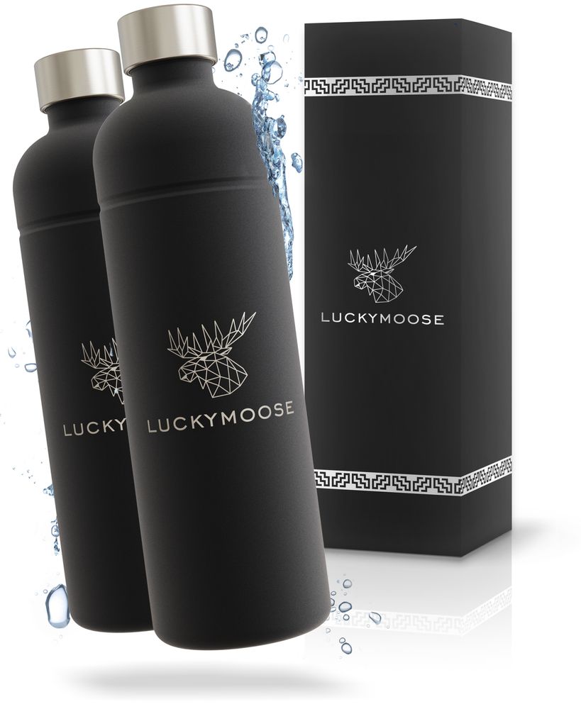 Two black water bottles with silver caps and a black box are displayed against a white background with water splashes.