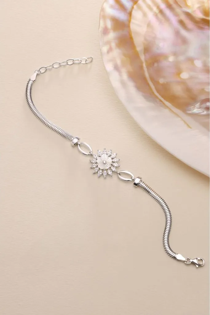 Bracelet Argent Rhodié Anti-oxydation, Maille Épi et Fleur de Magnolia