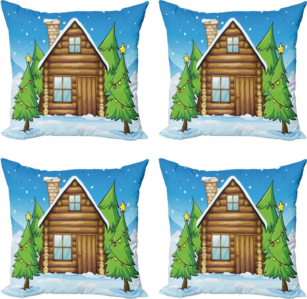 ABAKUHAUS Blockhaus Kissenbezug Set (4 Stück), Kabine und Firs im Winter, Moderner Doppelseitiger Digitaldruck, 60 cm x 60 cm, Himmelblau und Mult...