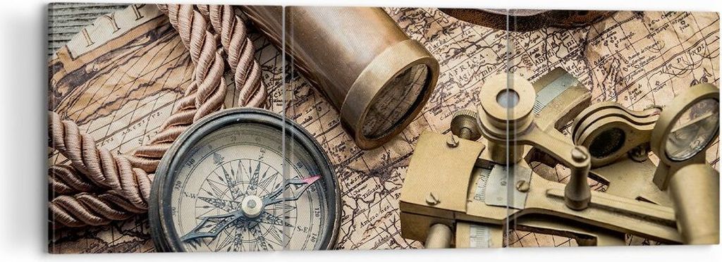Bild auf Leinwand - Leinwandbild - Kompass Kompass Karte - 120x40cm - Wand Bild - Wanddeko - Leinwanddruck - Bilder - Kunstdruck - Wanddekoration -...