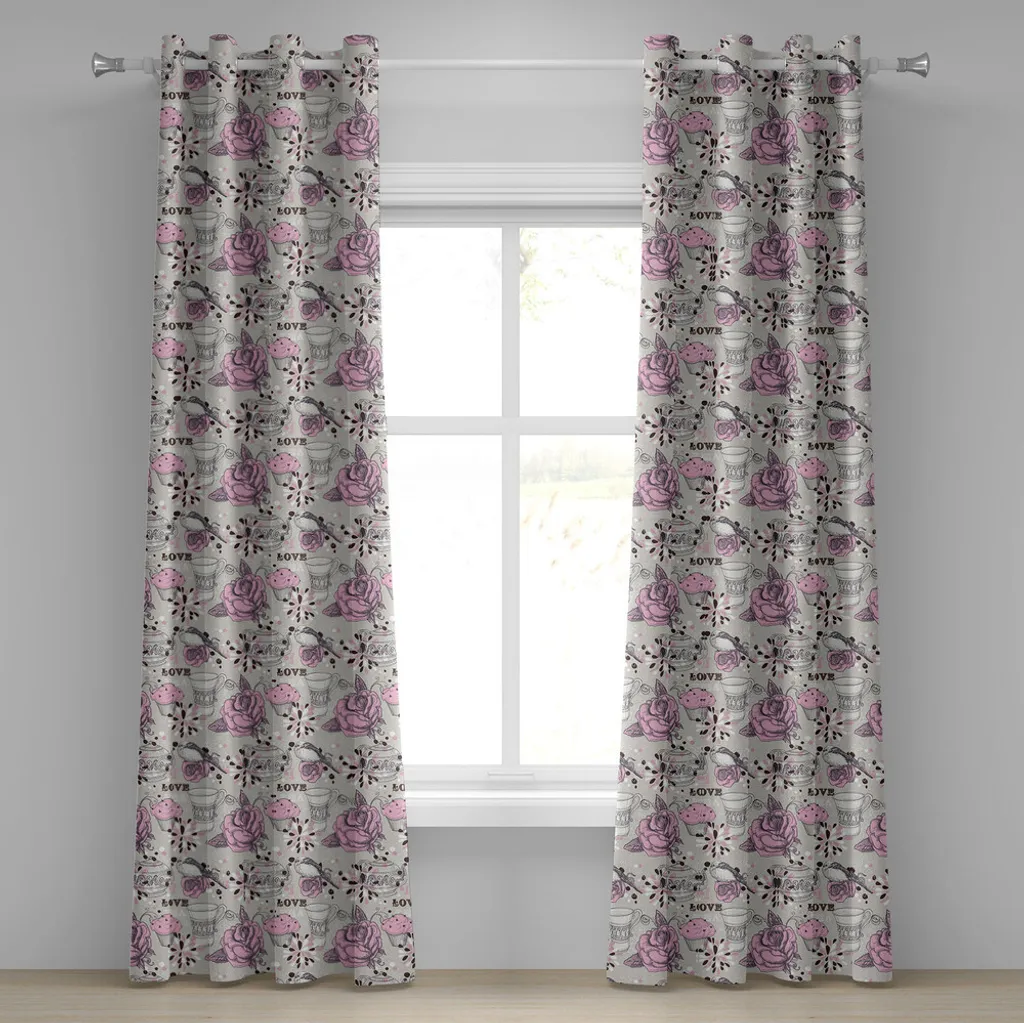 ABAKUHAUS Tenda con occhielli Tea Party, tazza da tè elaborata e teiera con romantico motivo a tema San Valentino con rose e uccellini, tende decorative a 2 pannelli, 280 cm x 225 cm, rosa pallido polvere