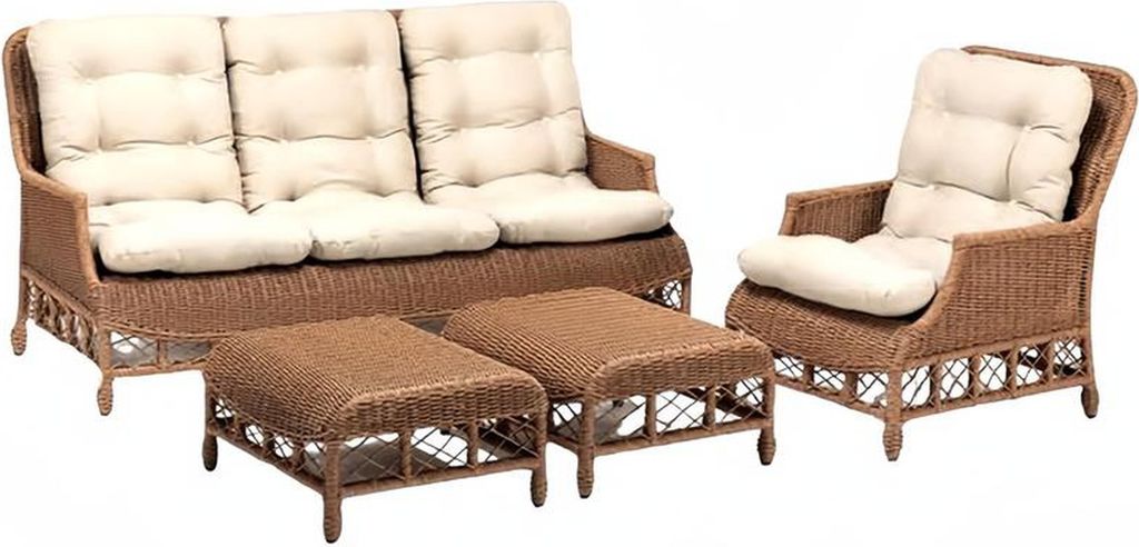 Robuste Garten Rattan Garnitur Braun Sessel Gartenmöbel 2x Hocker Sofa 3 Sitzer