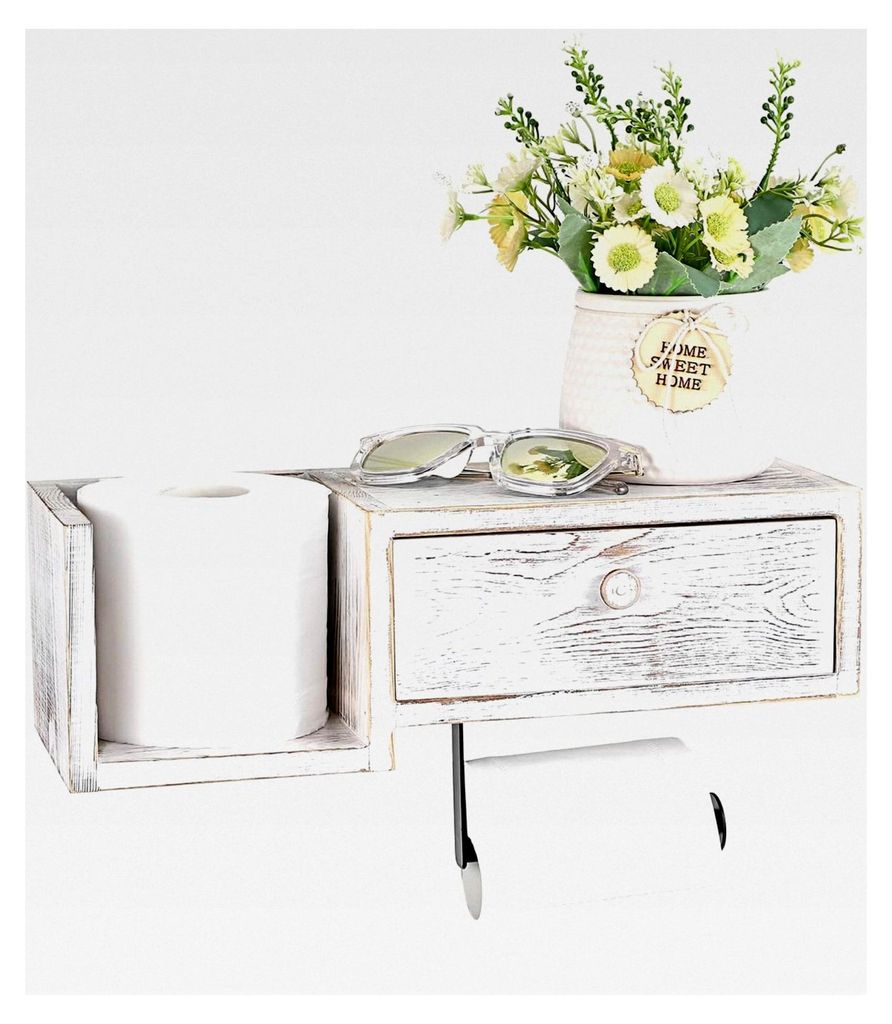 Wandhalterung für Toilettenpapier aus Holz mit Ablage und Schublade – Toilettenpapierrollenhalter mit Aufbewahrungsbox, spülbarem Tücherspende...