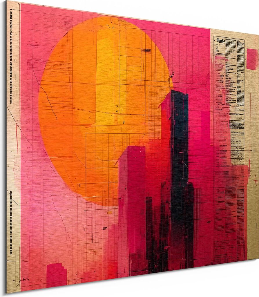 DEQORI Alu-Dibond Bild Gold 80x60 cm 'Der Cyber Sunset' Wandbild Metall dünn Design