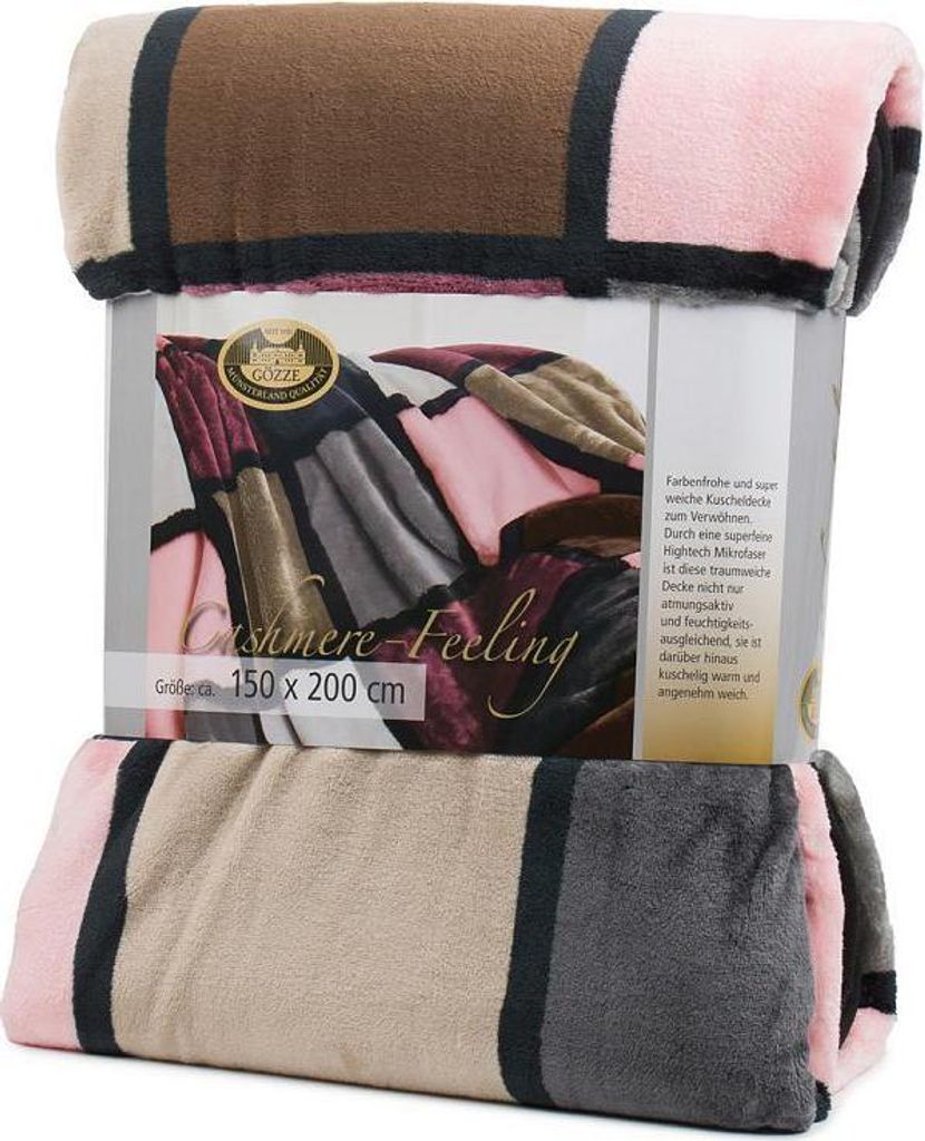 A folded blanket is shown on top of its packaging, which displays a picture of the blanket and product information.