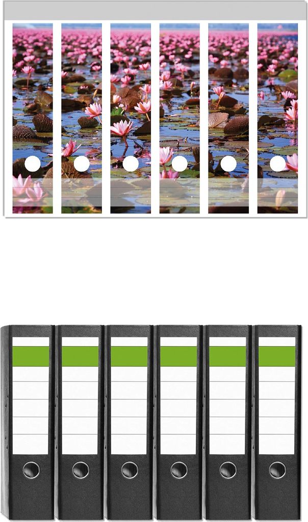 Wallario 6 Stück breite Ordner inkl. Klebeetiketten mit Motive Seerosenlandschaft mit rosa Blüten - Set mit Rückenschildern / Ordnerrücken Sti...