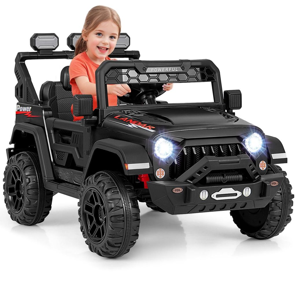 GOPLUS 12V Elektroauto für Kinder, Kinderauto mit 2,4G Fernbedienung, Musik, LED-Leuchten, Leistungsanzeige, Schwarz