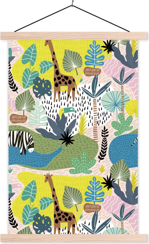 MuchoWow Textilposter Dschungel - Muster - Tiere - Pflanzen 40x60 cm mit holzfarbenen Rahmen - Poster