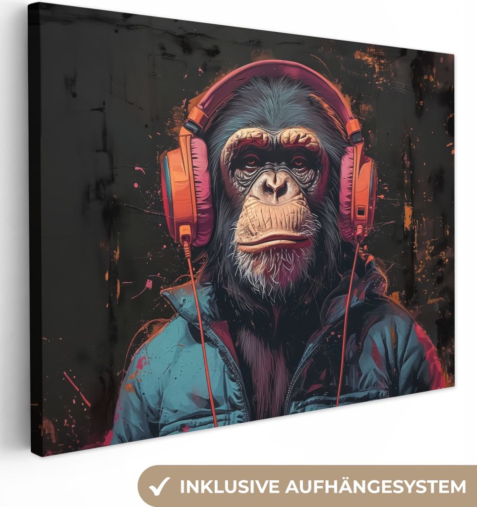 MuchoWow - Leinwandbilder - Graffiti - Schimpanse - Kopfhörer - Affe, Wandbild, Wanddeko Bilder Wohnzimmer, 40x30 cm