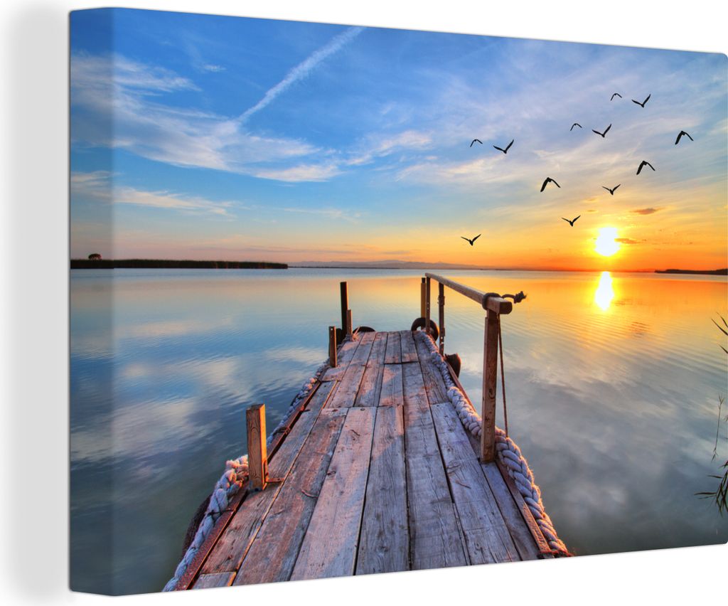OneMillionCanvasses - Leinwandbilder - 150x100 cm, Wasser - Steg - Vögel - Sonnenuntergang - Horizont, Wandbilder Kunstdruck Wanddekoration - Fo...