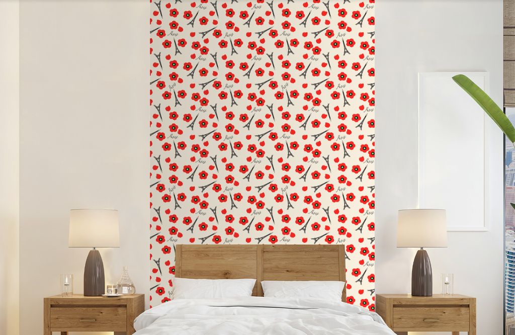 MuchoWow Fototapete für Wohnzimmer oder Schlafzimmer Wandtapete Vinyl Motivtapete Muster - Paris - Eiffelturm - Blumen - 150x240 cm - Tapeten