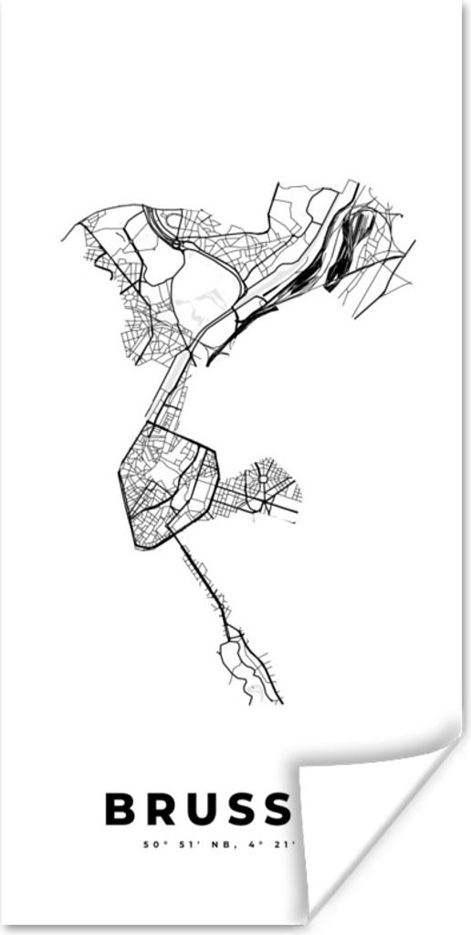 MuchoWow Poster Belgien - Brüssel - Stadtplan - Karte - Schwarz und weiß - Karte 75x150 cm - Dekoration für die Wände