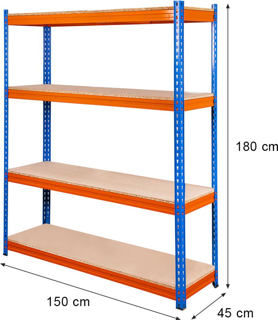 Lagerregal Mega-M Pro Max H-180 cm L-150 cm T-45 cm 4 Böden aus Spanplatte 15 mm (500 kg) blau/orange 2 Kartons N