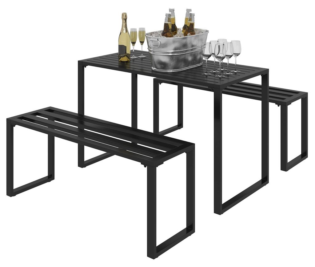 Gartengarnitur für 4 Personen, 1 Tisch & 2 B?nke, Metall, Schwarz