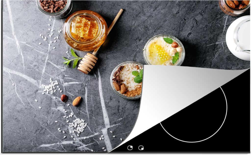 KitchenYeah Herdabdeckplatte Honig - Gewürze - Küche - Marmor , 76x51cm, Küche Deko, Glaskeramikfeld Herdabdeckung, Abdeckplatte fùr Kochfeld