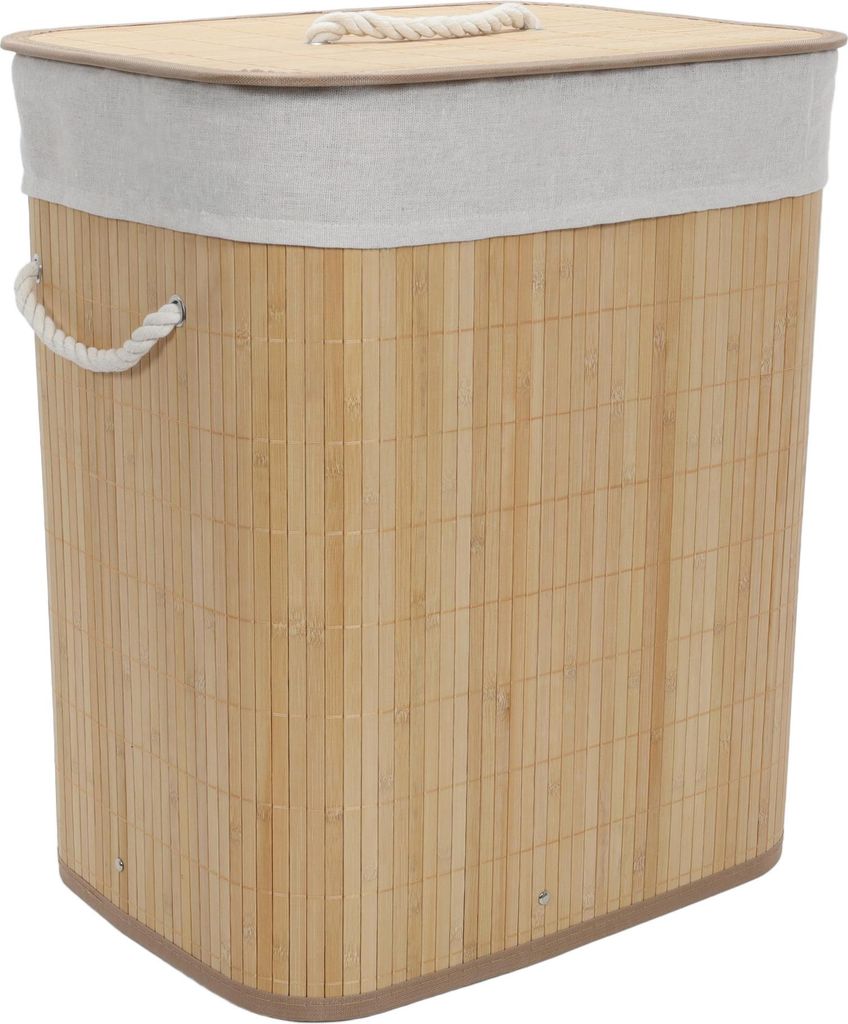 A laundry basket made of bamboo with a fabric liner and lid.