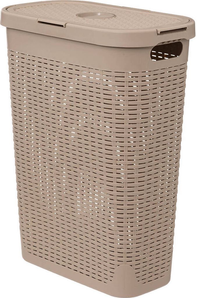 A tall, beige laundry basket with a woven texture and a lid.